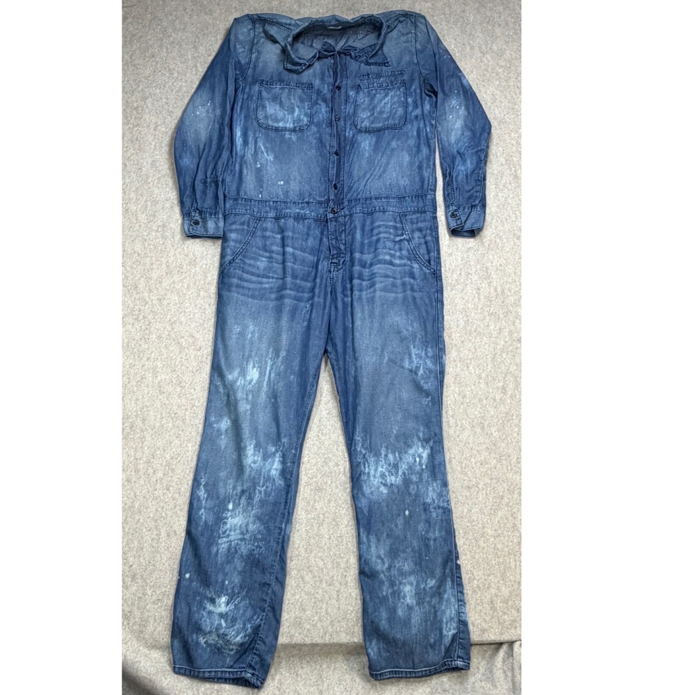 NSF Denim Jumpsuit Coverall Women Medium Blue Distressed Workwear Utility Artist